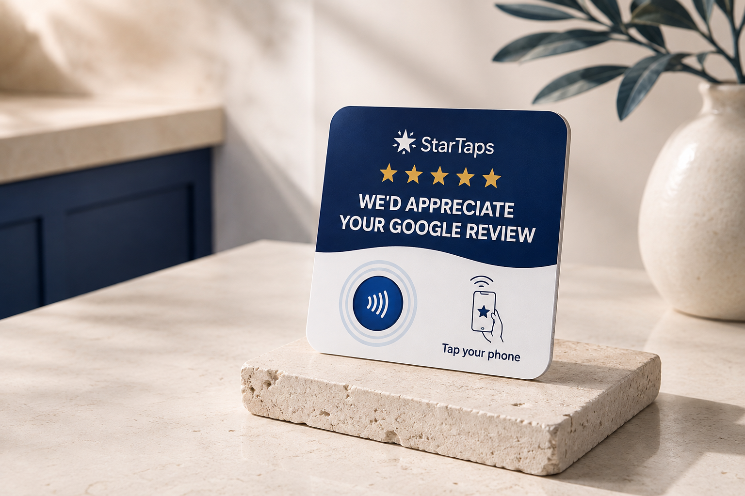StarTaps-branded square Google Review NFC card with five yellow stars and a Tap your phone prompt